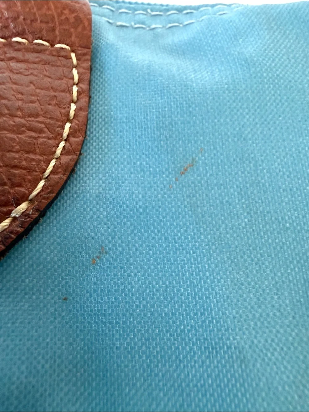 Longchamp Le Pliage Top-Handle Tote in Light Blue w Brown leather, GUC - Picture 14 of 16